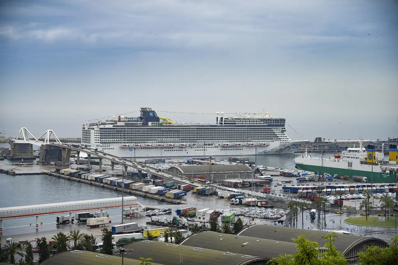 A large cruise ship moored in the port of Barcelona
