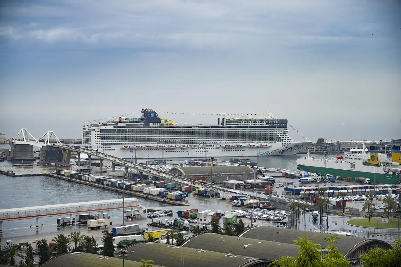A large cruise ship moored in the port of Barcelona