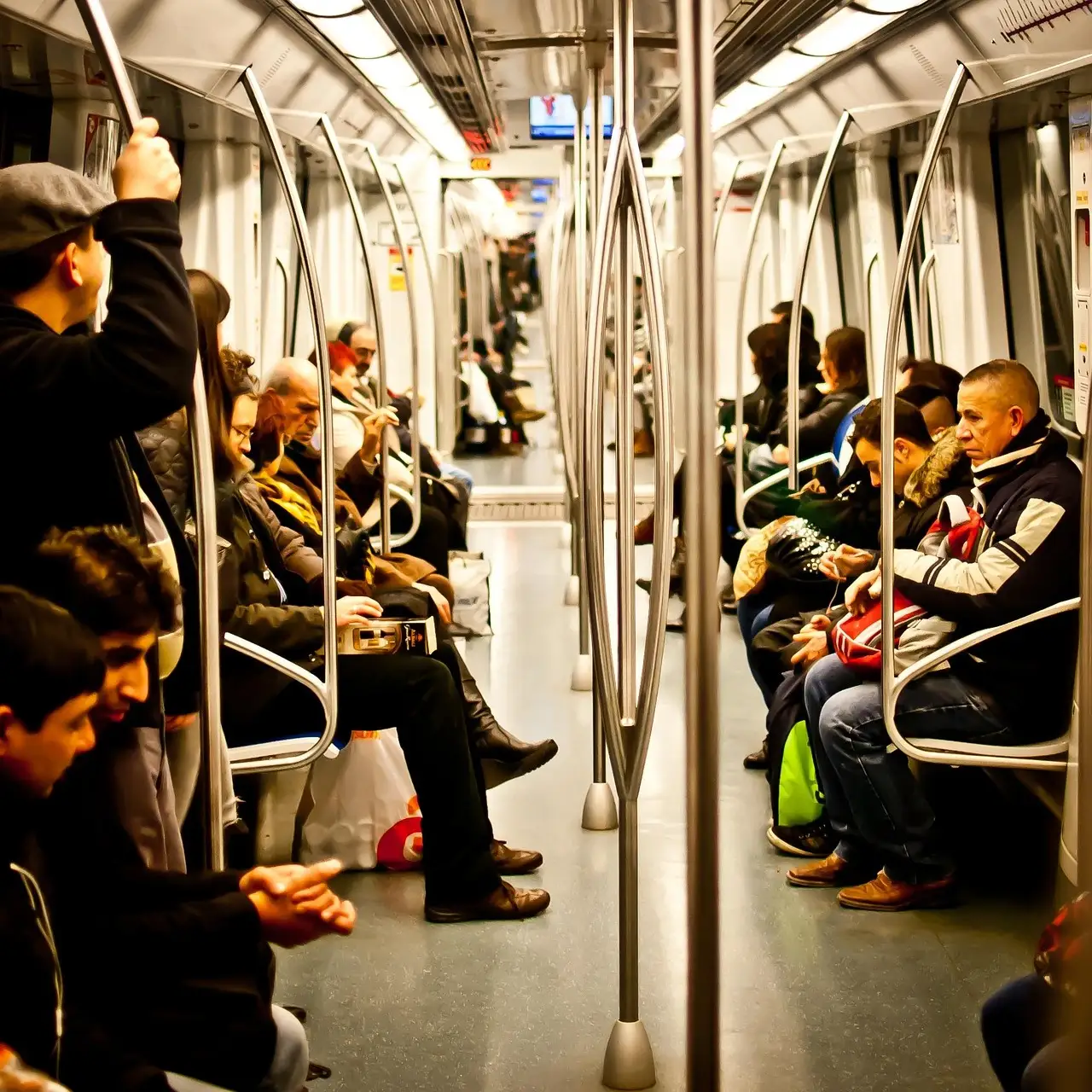 Passengers sitting and standing in a Barcelona metro carriage