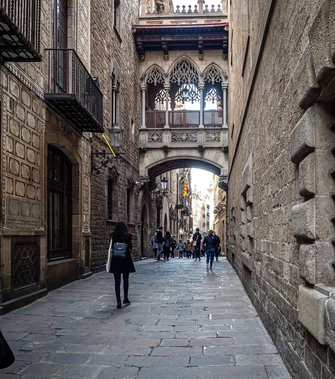 The Gothic Quarter's Carrer del Bisbe with its neo-Gothic bridge, Barcelona