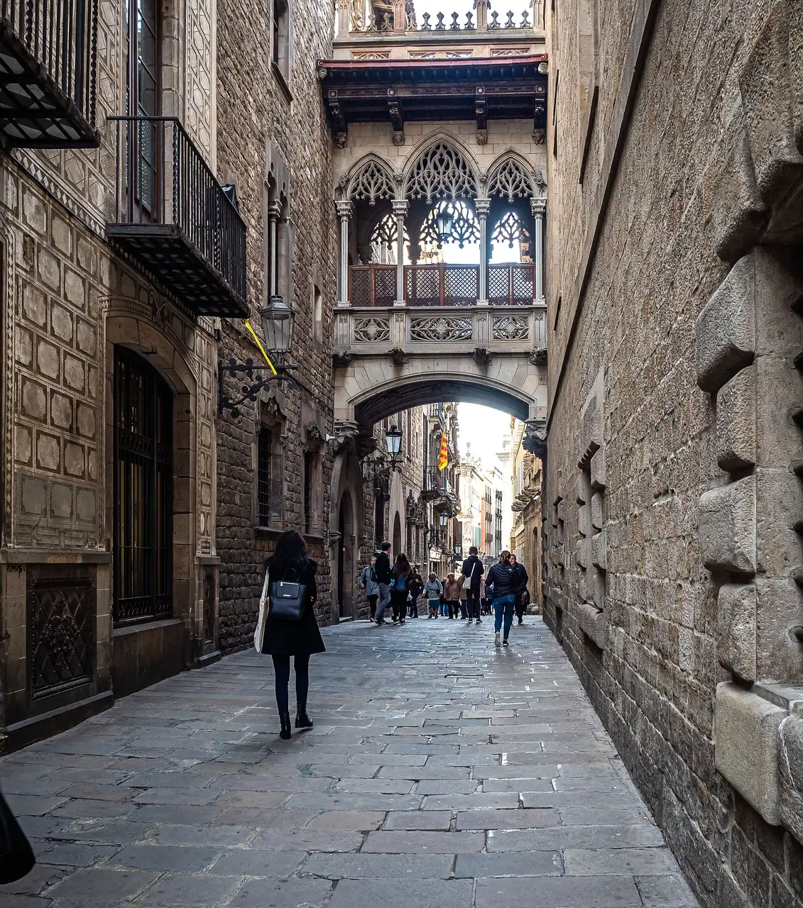 The Gothic Quarter's Carrer del Bisbe with its neo-Gothic bridge, Barcelona