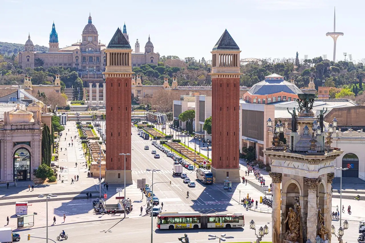 Plaça d'Espanya in Barcelona from above, with its two brick towers and the avenue leading up to the palace on Montjuïc