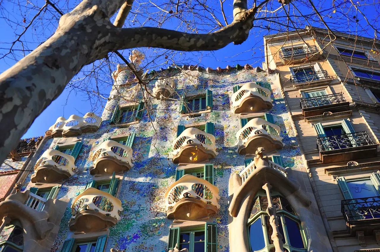 The mosaic facade and bone-shaped balconies of Casa Batlló behind the bare branches of a plane tree