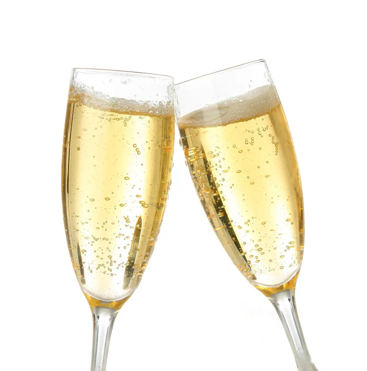 Two flutes of sparkling wine touching in a toast