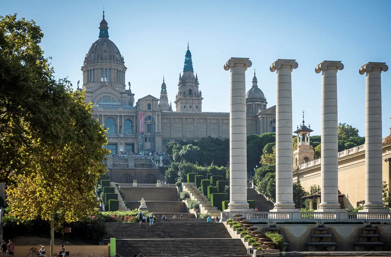 The National Art Museum of Catalonia on Montjuïc, behind four stone columns