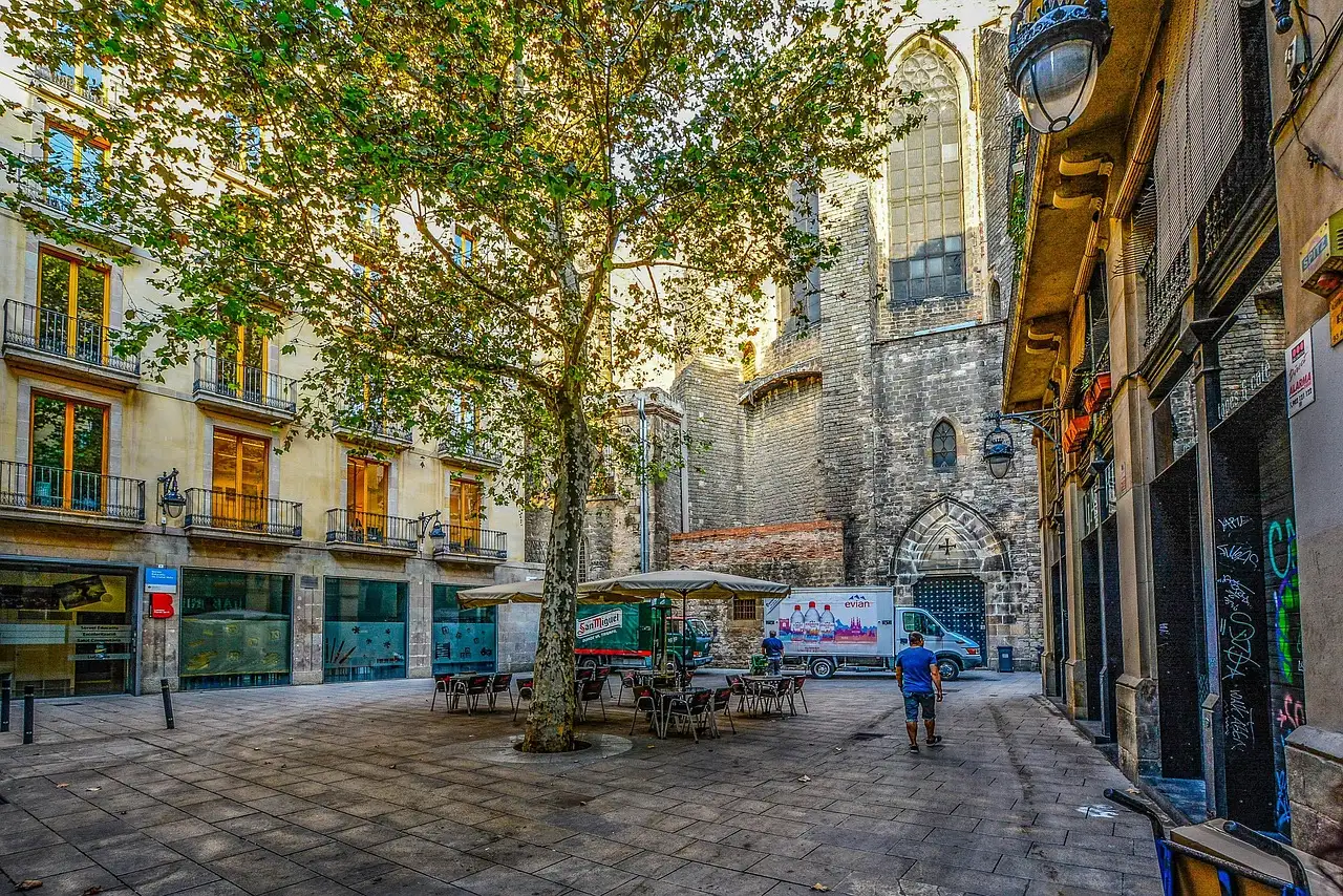 Quiet morning square with a tree and old stone buildings in Barcelona's Gothic Quarter
