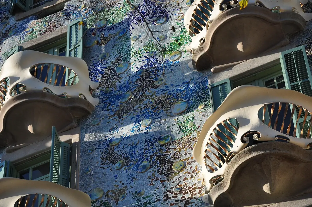 Close view of the curved, mask-like balconies on Casa Batlló