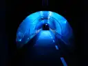 An empty glass tunnel through a large aquarium tank, lit in blue