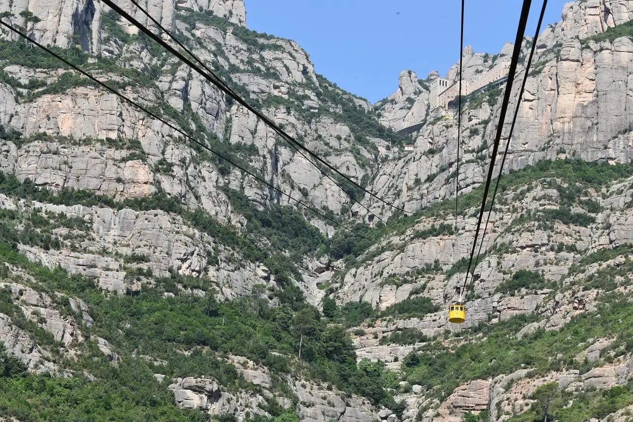 A small yellow cable car climbing past the steep rock walls of Montserrat