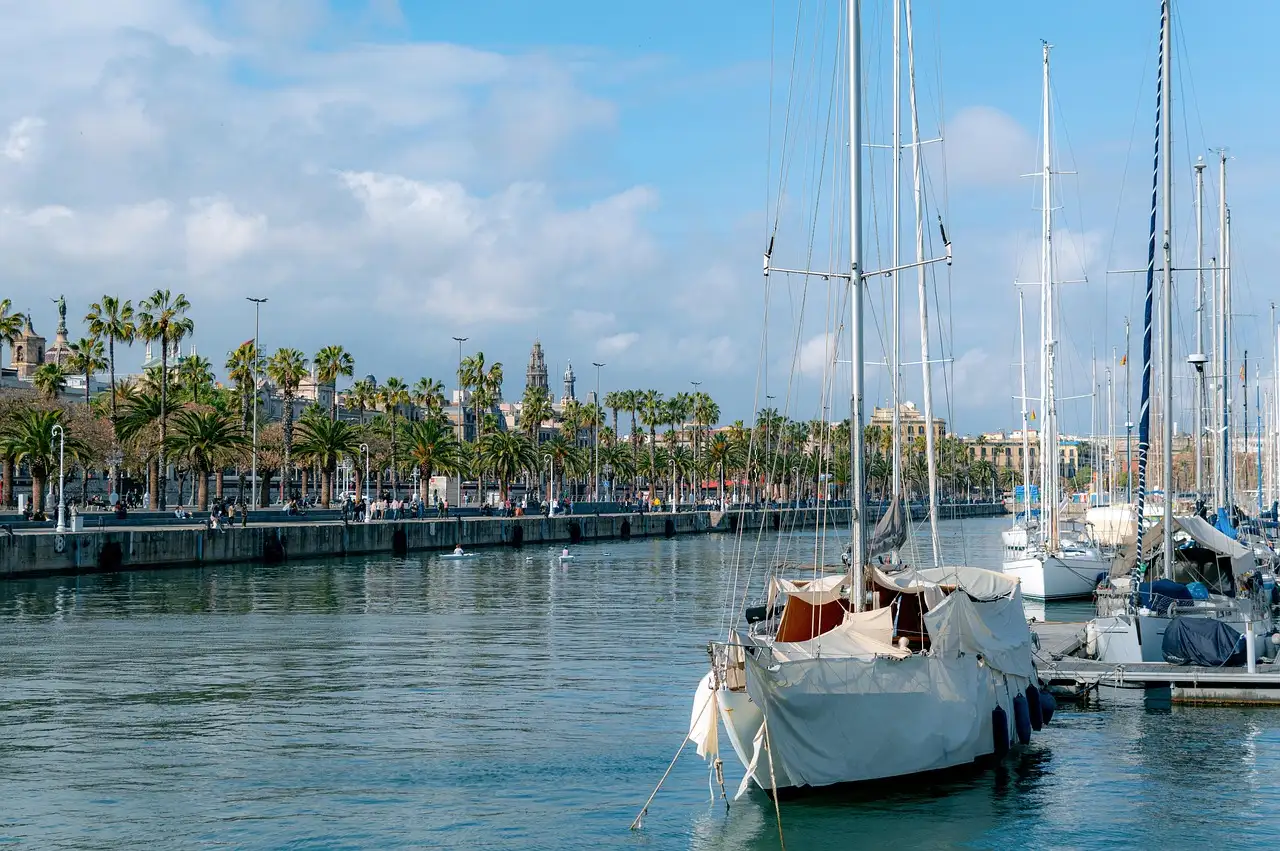 Sailboats moored along the palm-lined quay of Port Vell, Barcelona