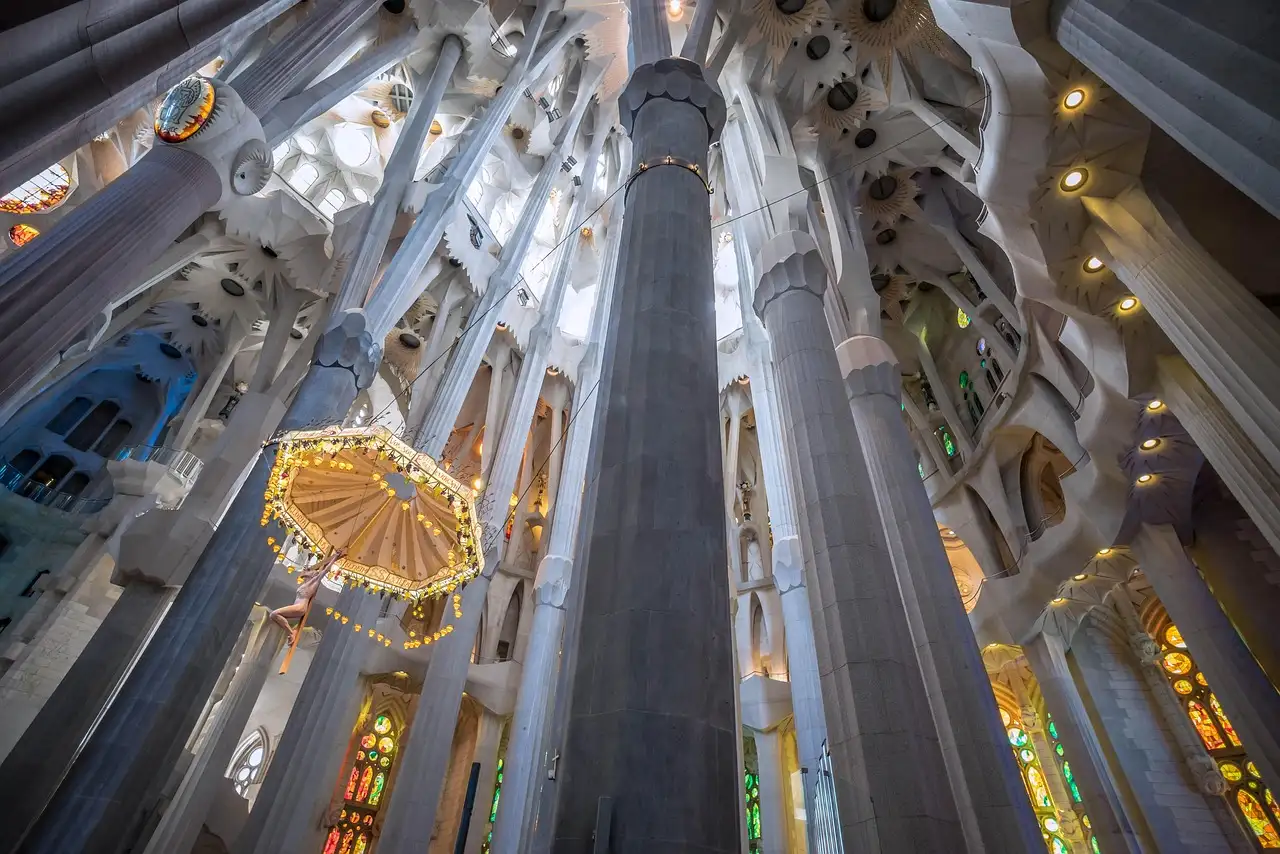 Tall white columns branching like trees inside the Sagrada Família, lit by colored windows