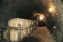 Oak barrels lined up in a lit underground cellar tunnel